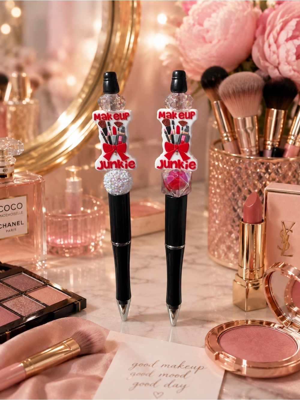 Makeup Junkie Decorative Black Pen with Pink and White Accents